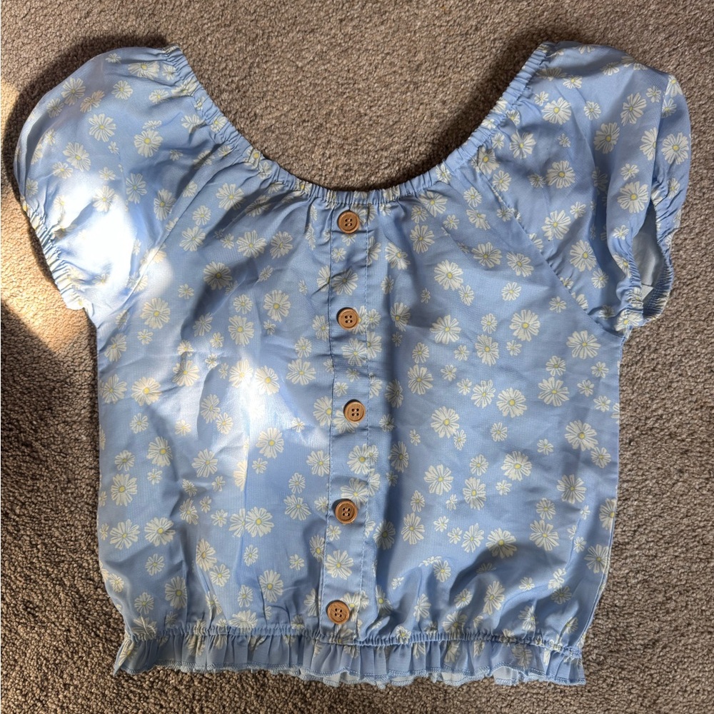 Light Blue Floral Button-Front Crop Top
